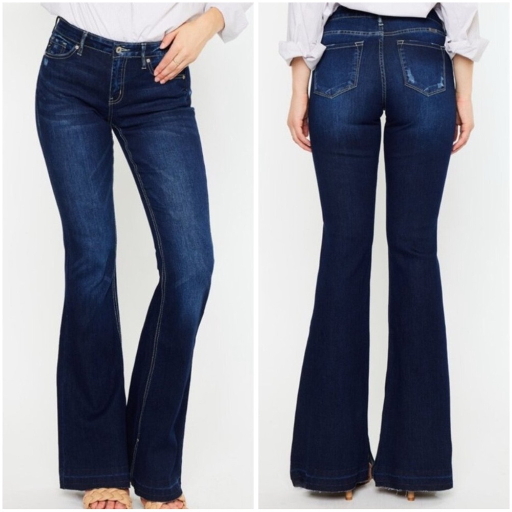 Kancan Heidi Mid Rise Dark Wash Raw Hem Flare Jeans
